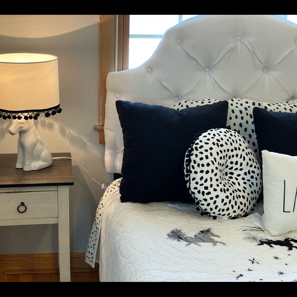 Black & White Suede Twin Headboard, & Unicorn Bed Quilt & Sheet Set.